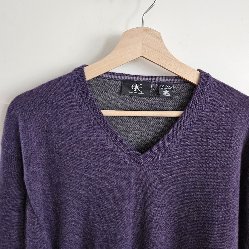 Calvin Klein Sweater Mens Size 2XL 100% Extra Fine Merino Wool Purple XXL Preppy